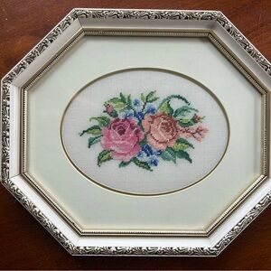 Vintage Floral Needlepoint Wall Hanging EUC